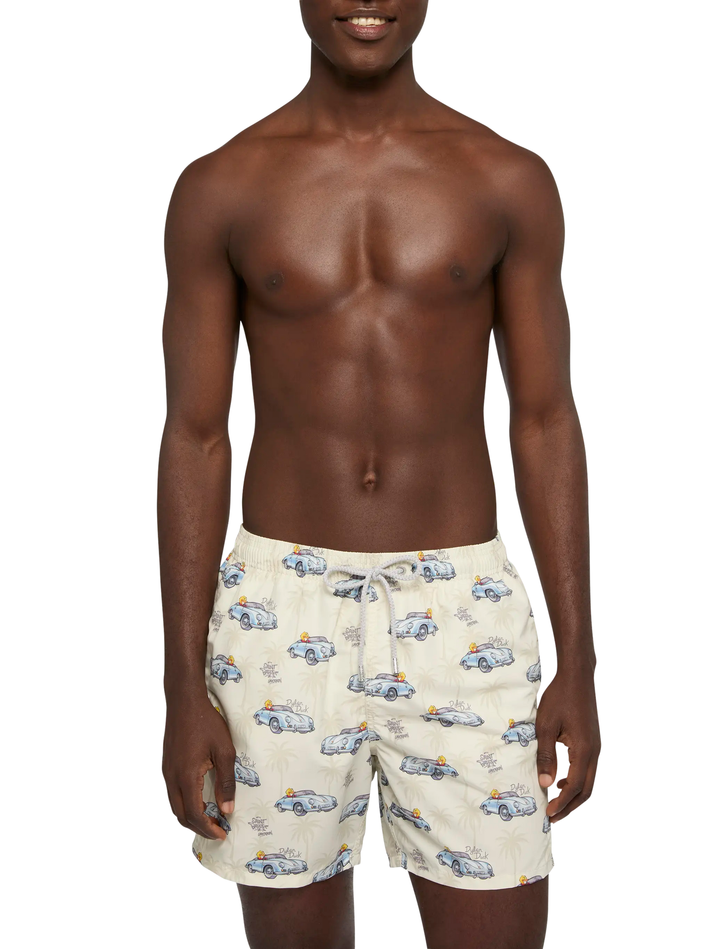 Mid-length Gustavia swim-shorts with ducky and car print |CRYPTOPUPPETS SPECIAL EDITION