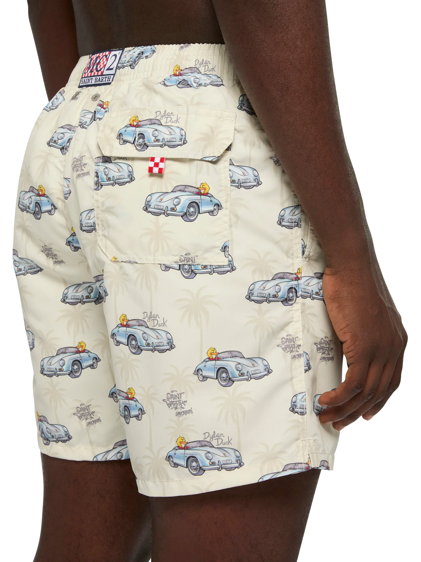 Mid-length Gustavia swim-shorts with ducky and car print |CRYPTOPUPPETS SPECIAL EDITION