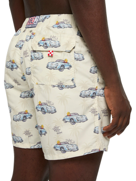 Mid-length Gustavia swim-shorts with ducky and car print |CRYPTOPUPPETS SPECIAL EDITION