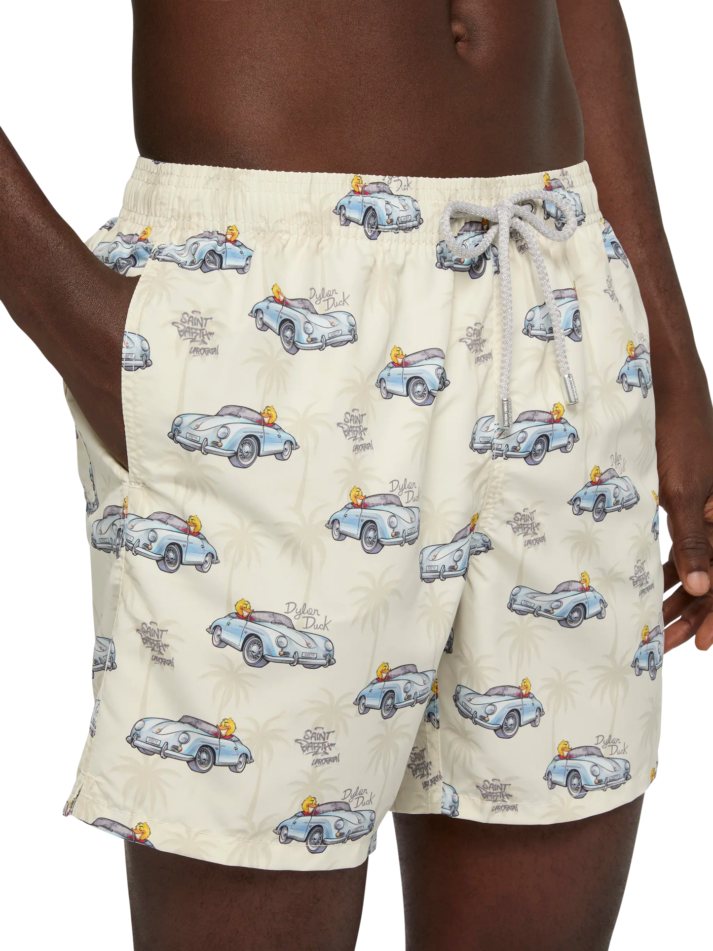 Mid-length Gustavia swim-shorts with ducky and car print |CRYPTOPUPPETS SPECIAL EDITION