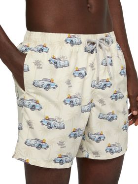 Mid-length Gustavia swim-shorts with ducky and car print |CRYPTOPUPPETS SPECIAL EDITION