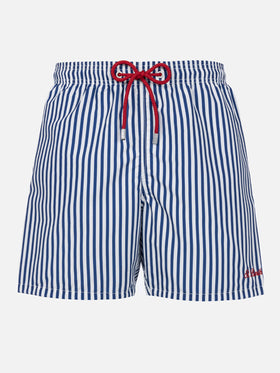 Mittellange gestreifte Gustavia-Badeshorts für Herren mit St. Barth-Stickerei