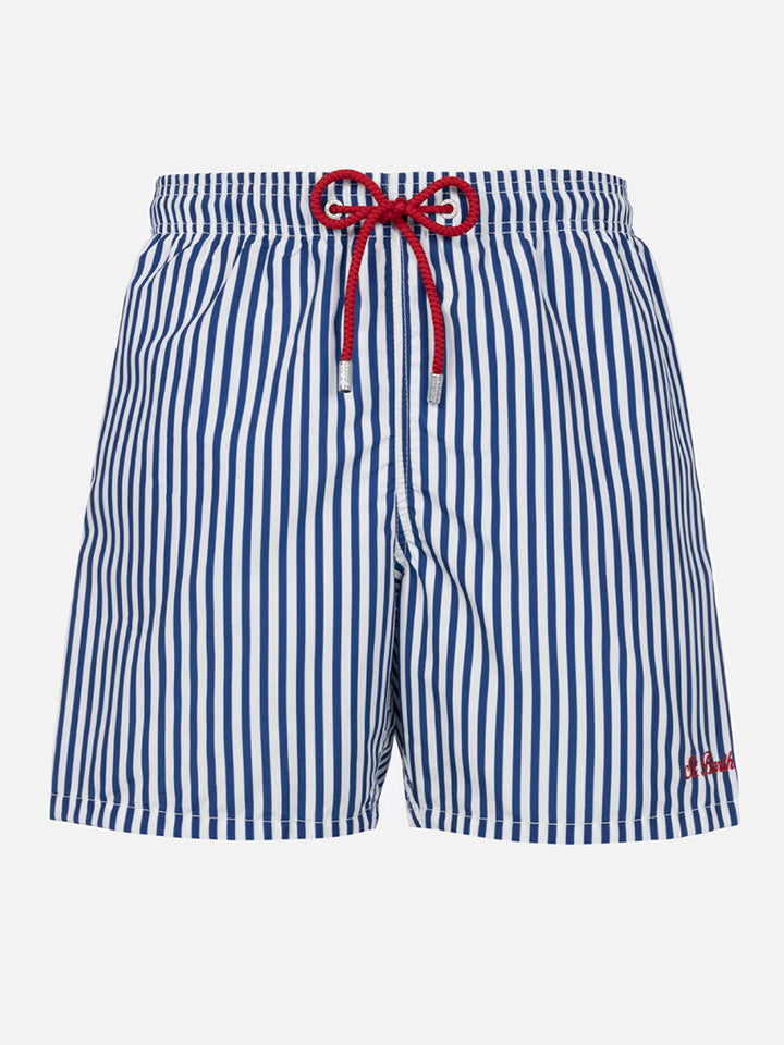 Mittellange gestreifte Gustavia-Badeshorts für Herren mit St. Barth-Stickerei