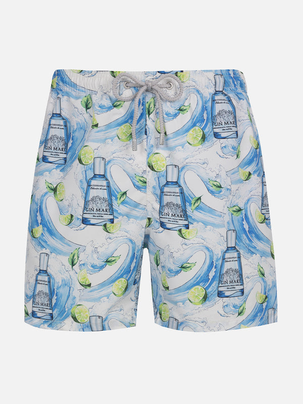 Mittellange gestreifte Gustavia-Badeshorts für Herren mit Gin-Print | GIN MARE SONDEREDITION