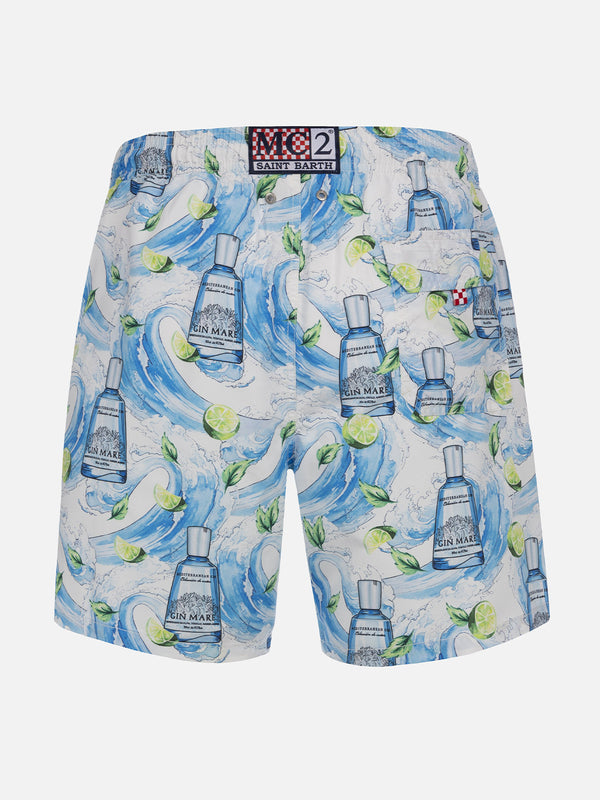 Mittellange gestreifte Gustavia-Badeshorts für Herren mit Gin-Print | GIN MARE SONDEREDITION