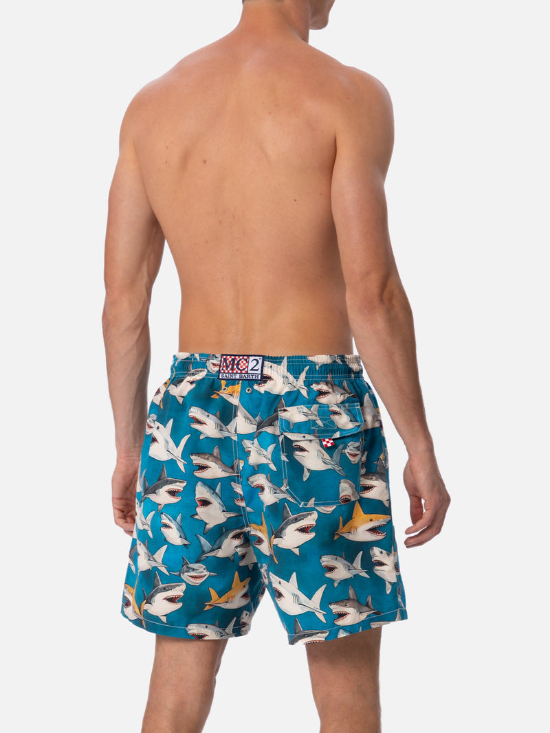 Man mid-length Gustavia swim-shorts with shark print  | AI CO-CREATED DESIGN BY RICKDICK - POWERED BY RED-EYE