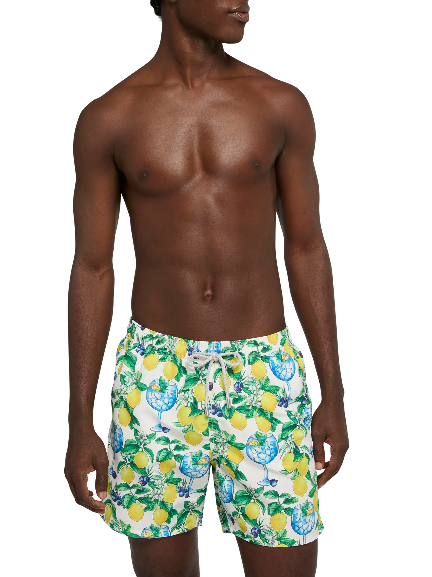 Mid-length Gustavia swim-shorts with gin and lemons print