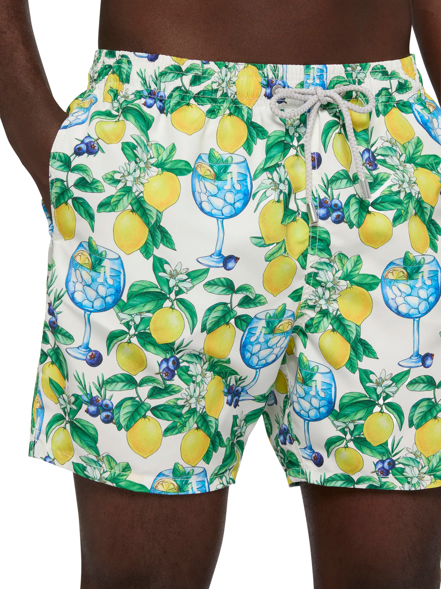 Mid-length Gustavia swim-shorts with gin and lemons print