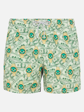 Mid-length Gustavia swim-shorts with watches print