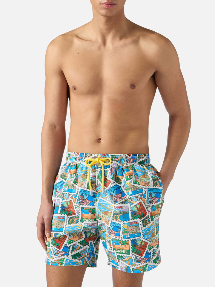 Gustavia swim shorts with all-over postcard print