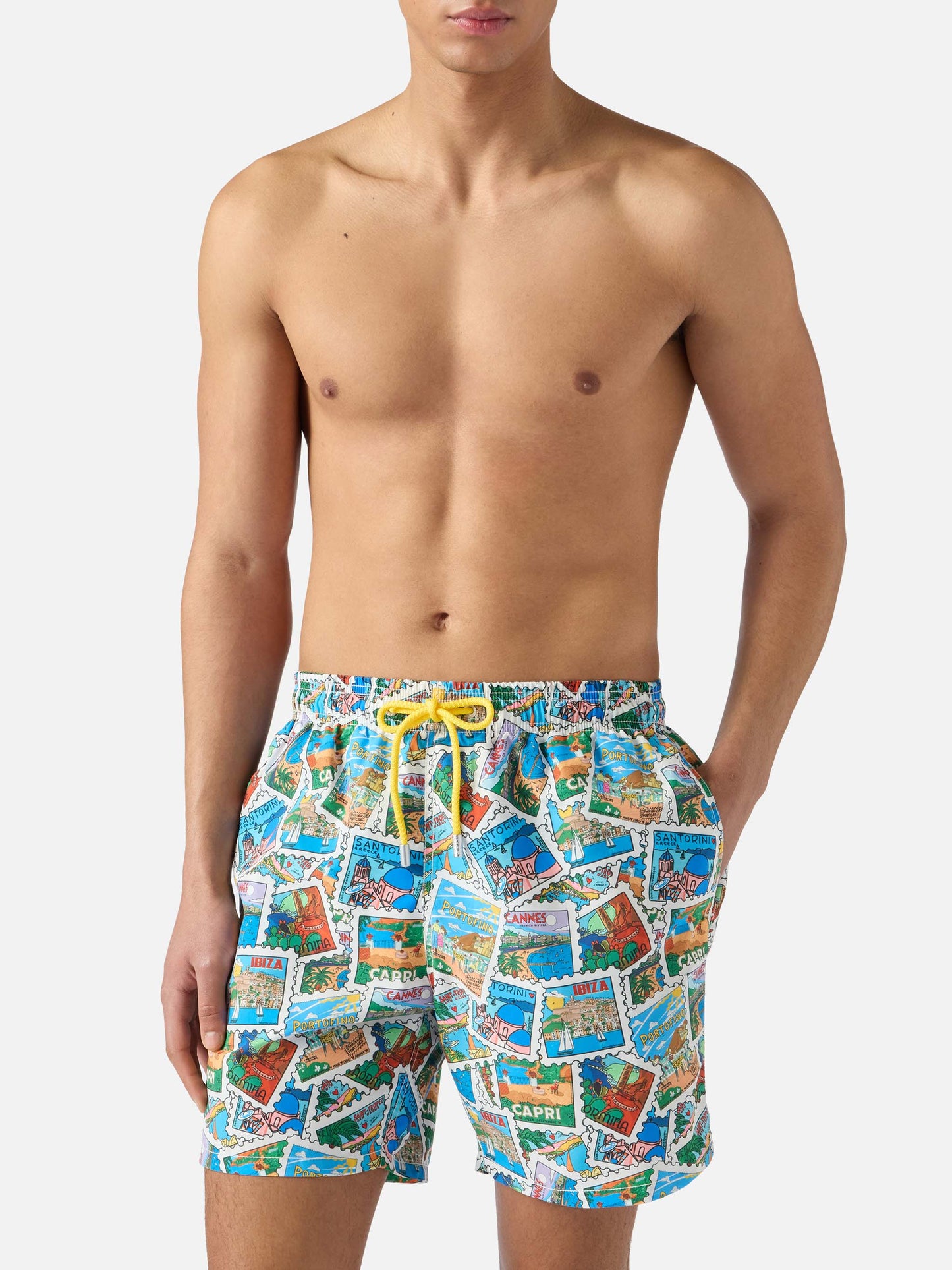 Gustavia swim shorts with all-over postcard print