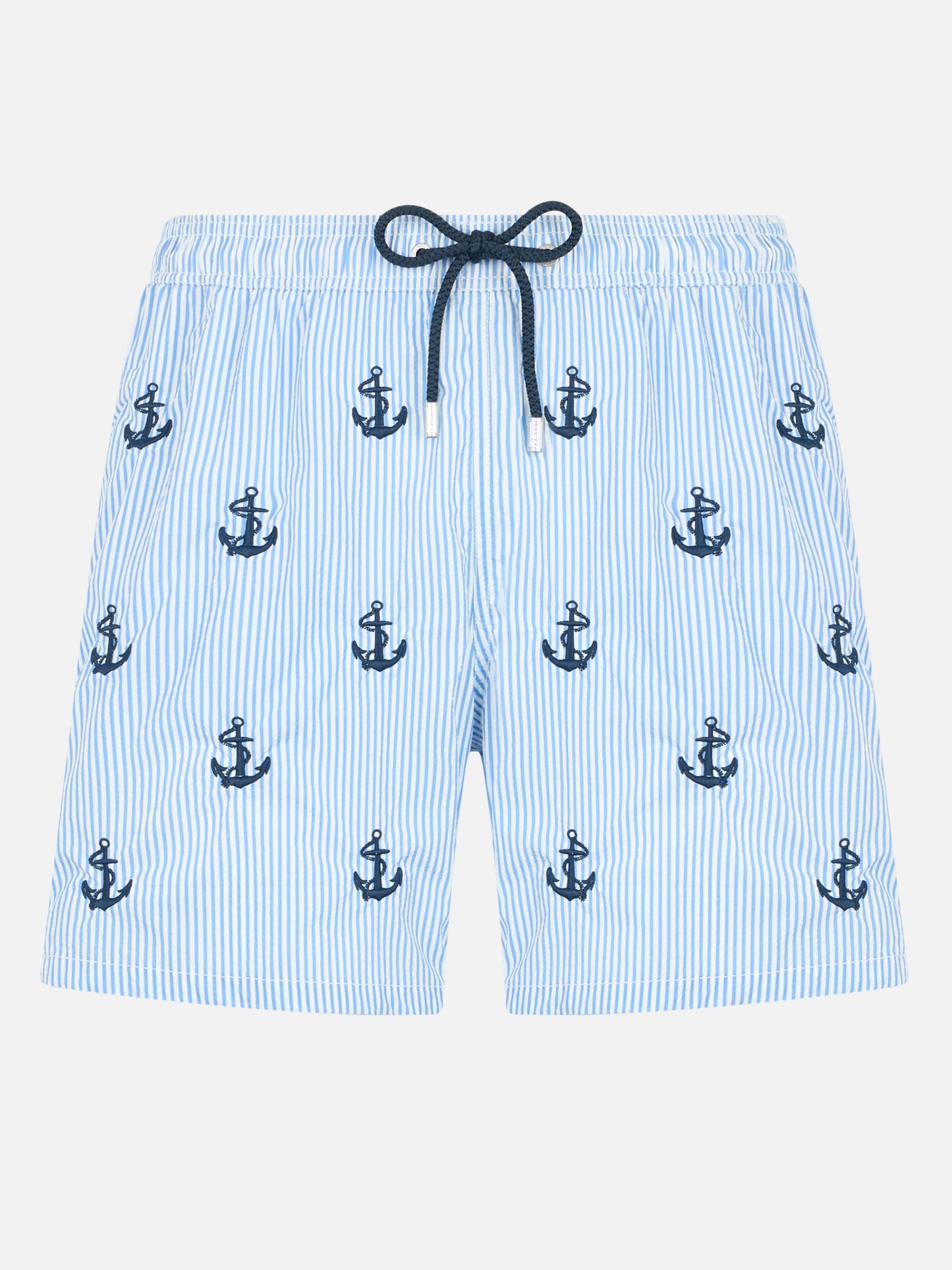 Costume da bagno Gustavia da uomo in seersucker di media lunghezza con ricamo di ancore