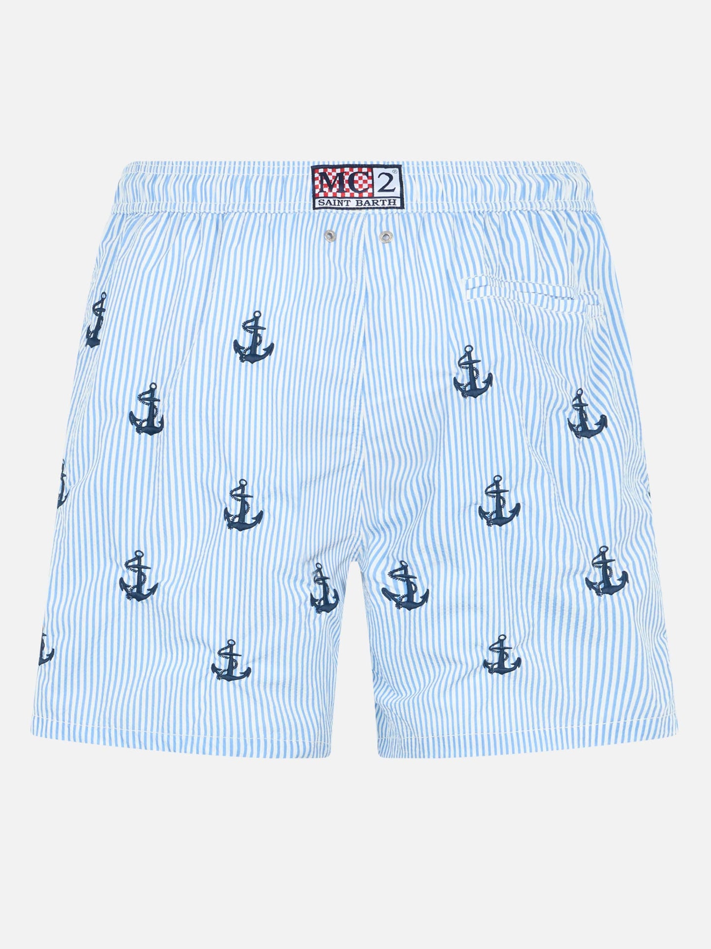 Costume da bagno Gustavia da uomo in seersucker di media lunghezza con ricamo di ancore