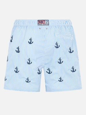 Costume da bagno Gustavia da uomo in seersucker di media lunghezza con ricamo di ancore