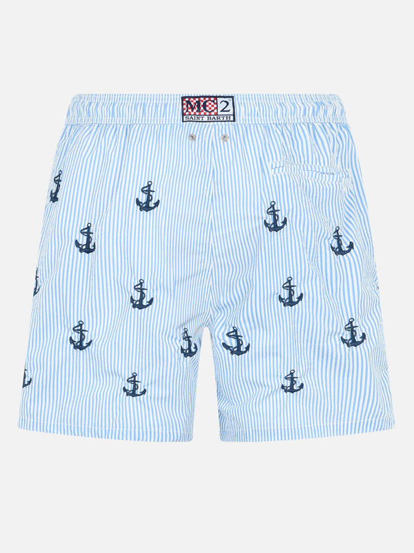 Mittellange Badeshorts für Herren aus Seersucker „Gustavia“ mit Ankerstickerei