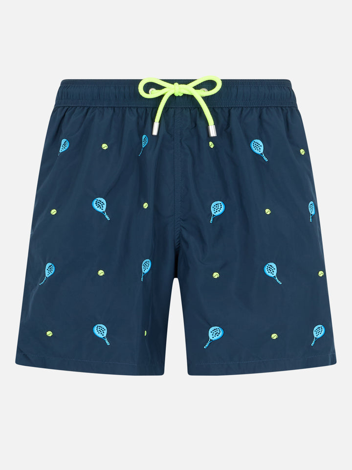 Mid-length striped Gustavia swim-shorts with padel embroidery - MC2 Saint Barth