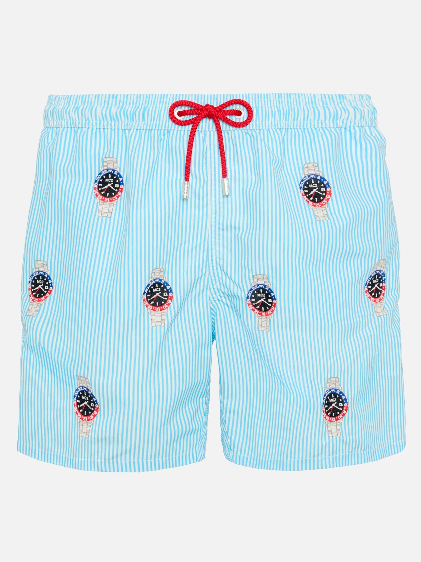 Mittellange gestreifte Badeshorts Gustavia mit Uhrenstickerei
