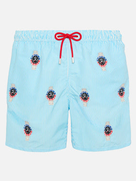 Mittellange gestreifte Badeshorts Gustavia mit Uhrenstickerei