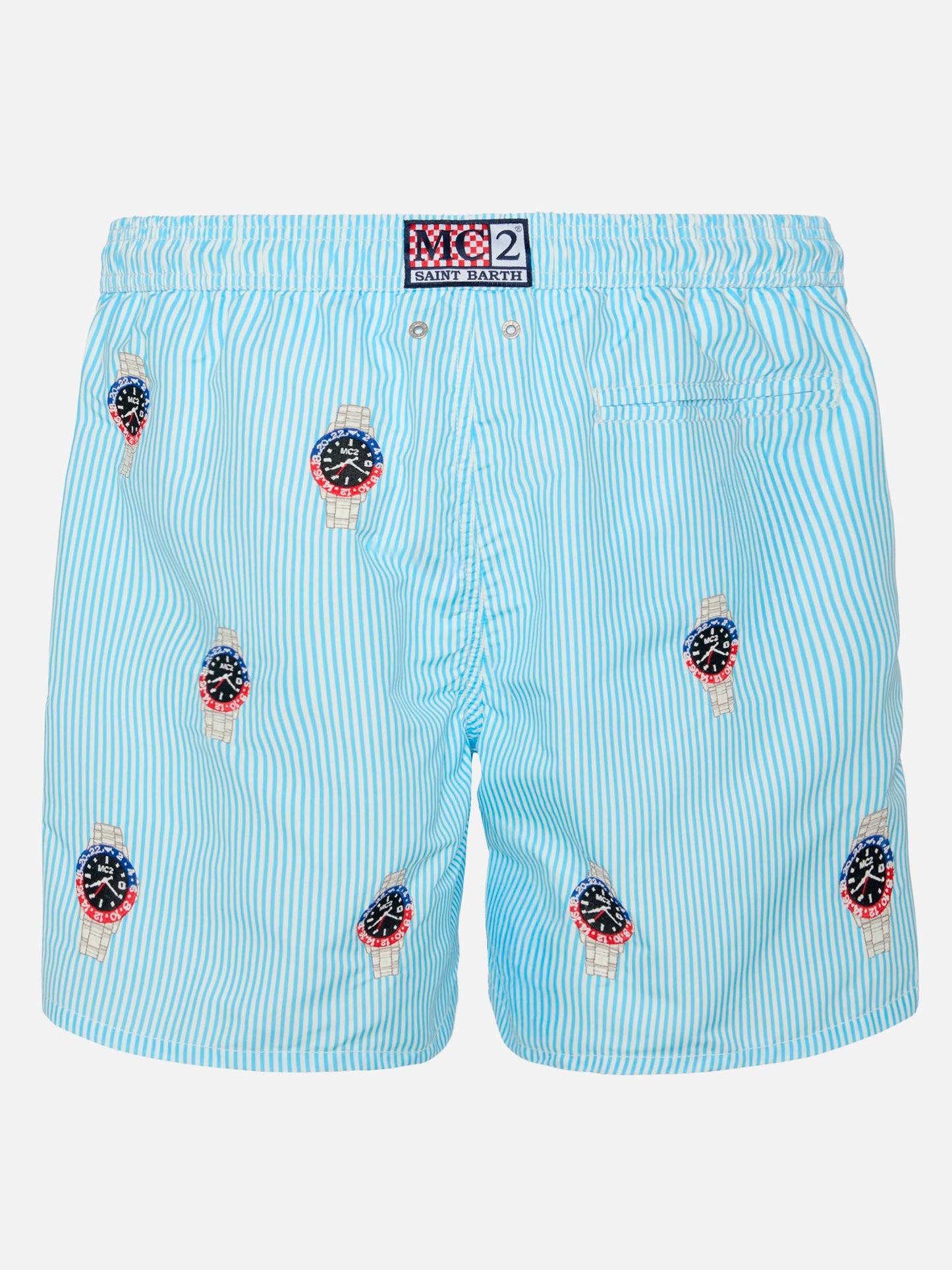 Mittellange gestreifte Badeshorts Gustavia mit Uhrenstickerei