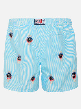Mittellange gestreifte Badeshorts Gustavia mit Uhrenstickerei