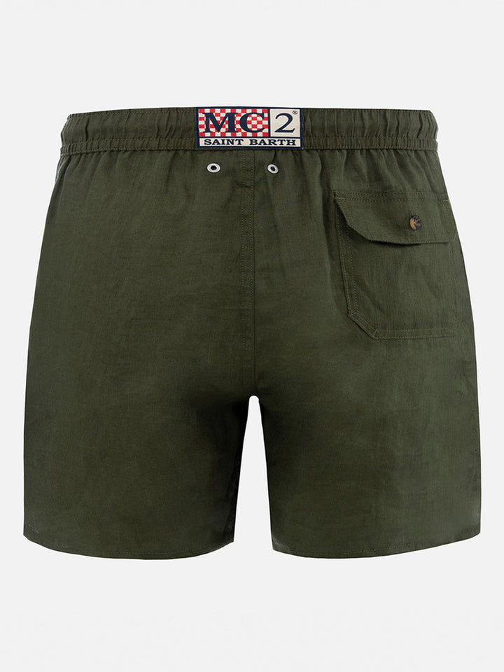 Mittellange militärgrüne Leinen-Badeshorts Gustavia