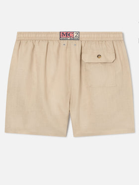 Mittellange beige Leinen-Badeshorts Gustavia