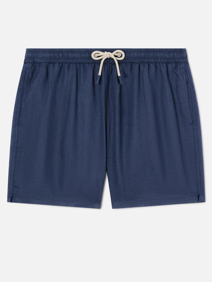 Mittellange marineblaue Leinen-Badeshorts Gustavia