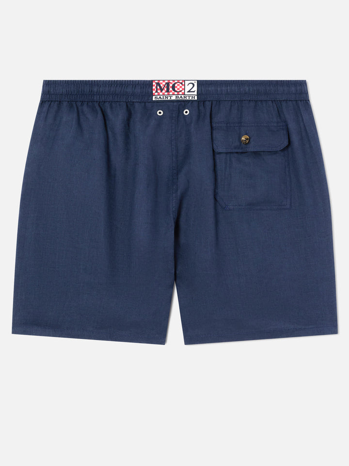 Mittellange marineblaue Leinen-Badeshorts Gustavia