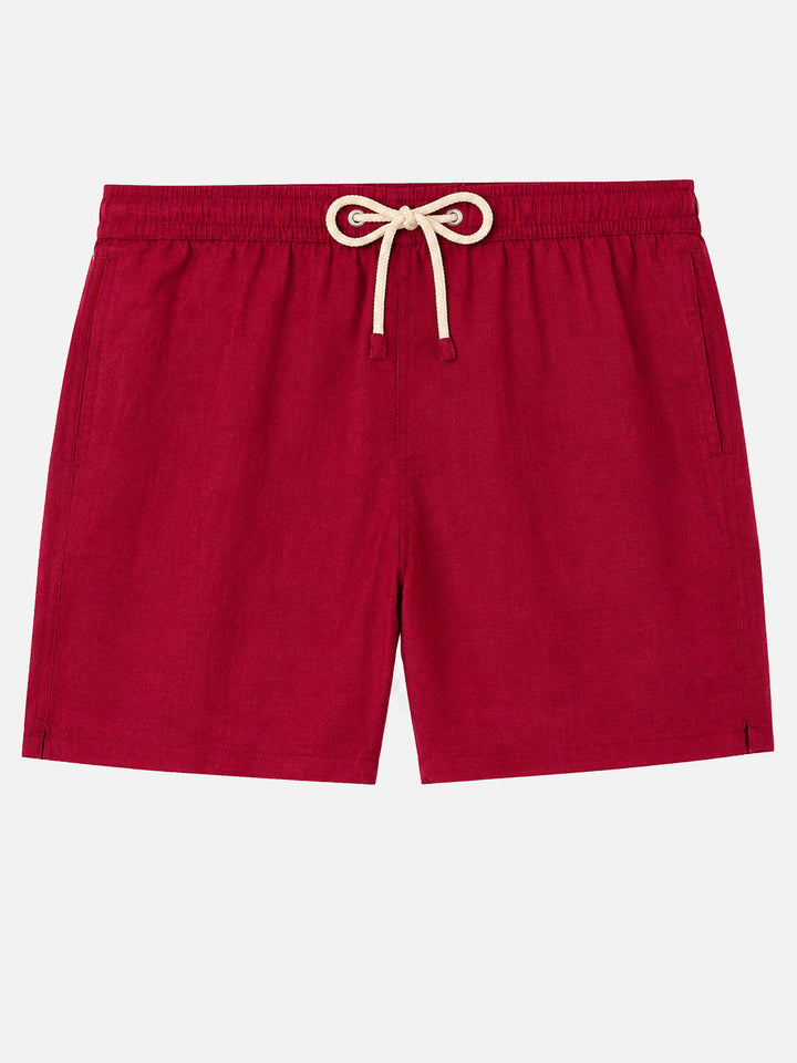 Gustavia burgundy plain-color linen swim shorts