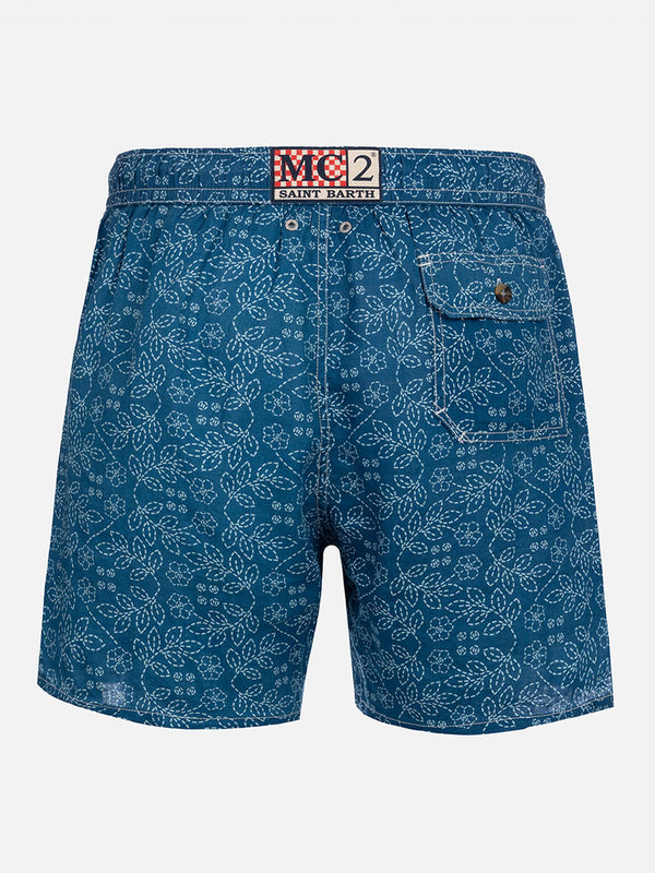 Mittellange Herren-Badeshorts Gustavia aus Leinen mit Sashiko-Print