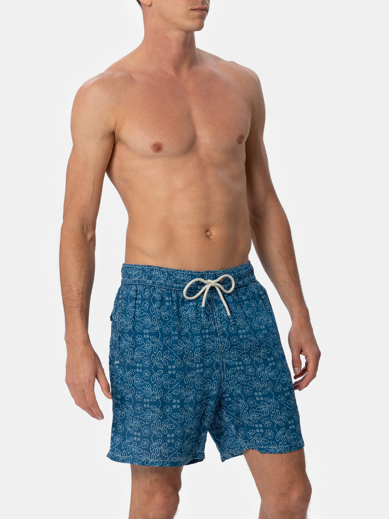 Mittellange Herren-Badeshorts Gustavia aus Leinen mit Sashiko-Print