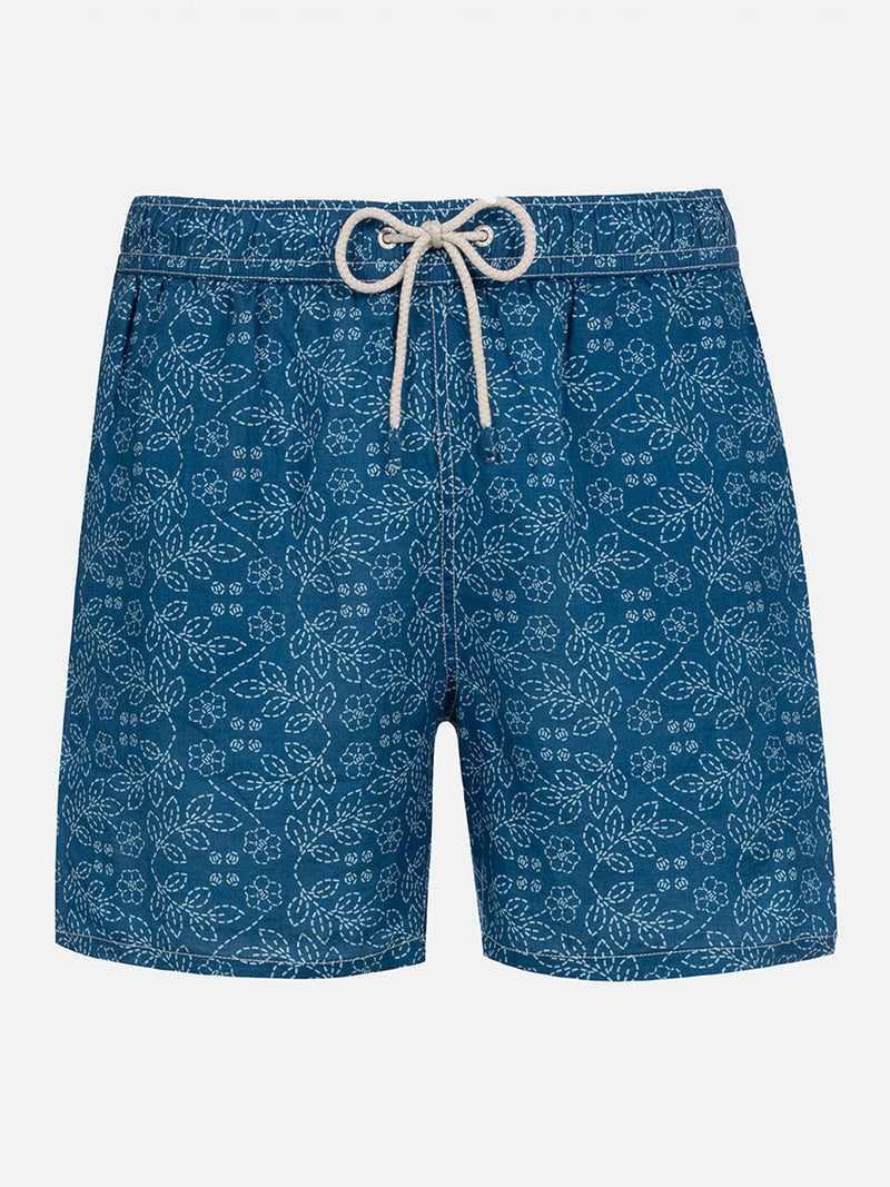 Man mid-length linen swim-shorts Gustavia with sashiko print