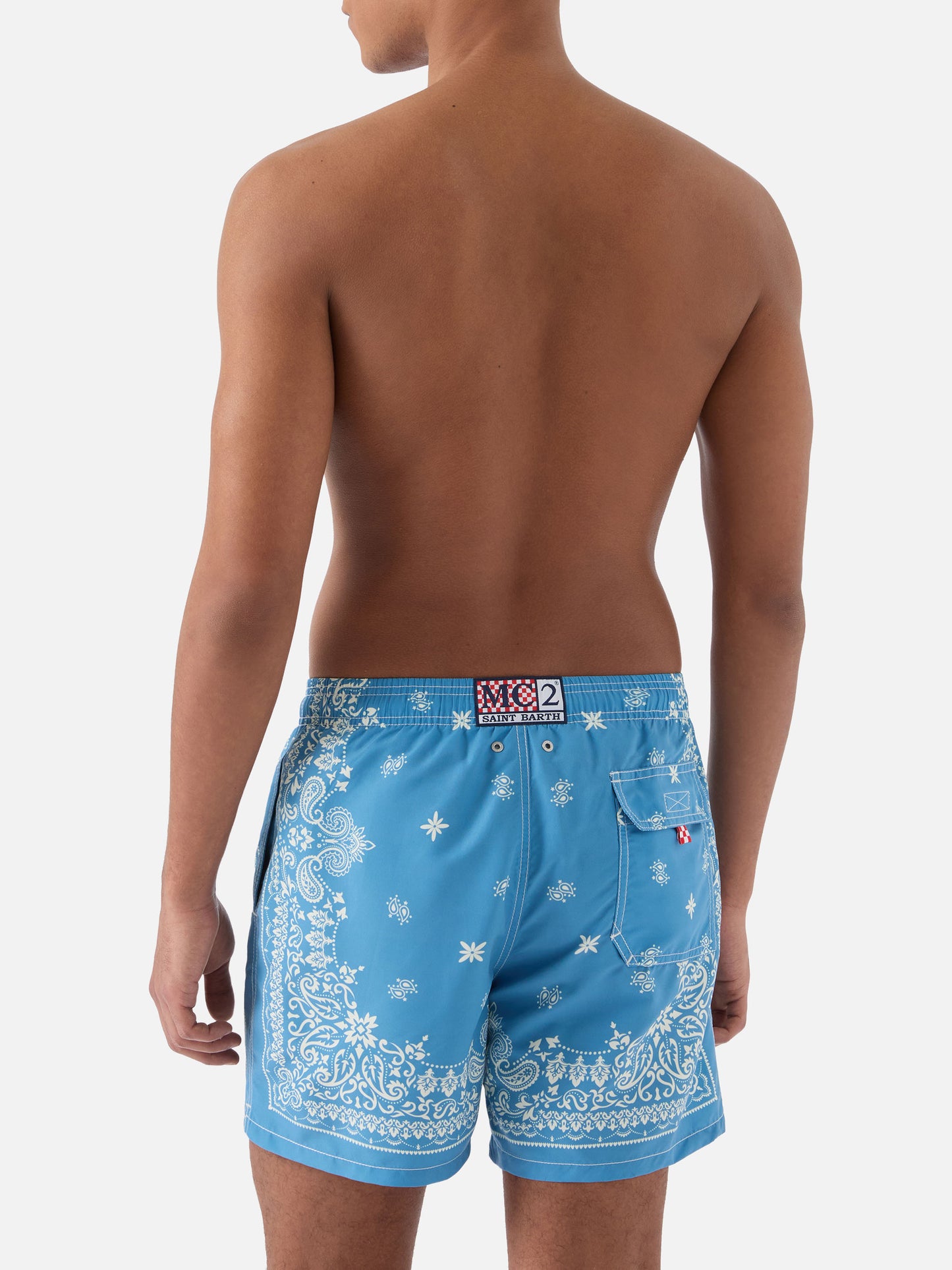 Gustavia light blue swim shorts with bandana print
