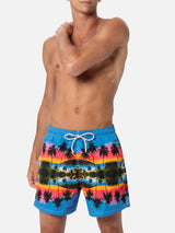 Man mid-length Gustavia swim-shorts with palms landscape placed print  |  AI CO-CREATED DESIGN BY RICKDICK - POWERED BY RED-EYE