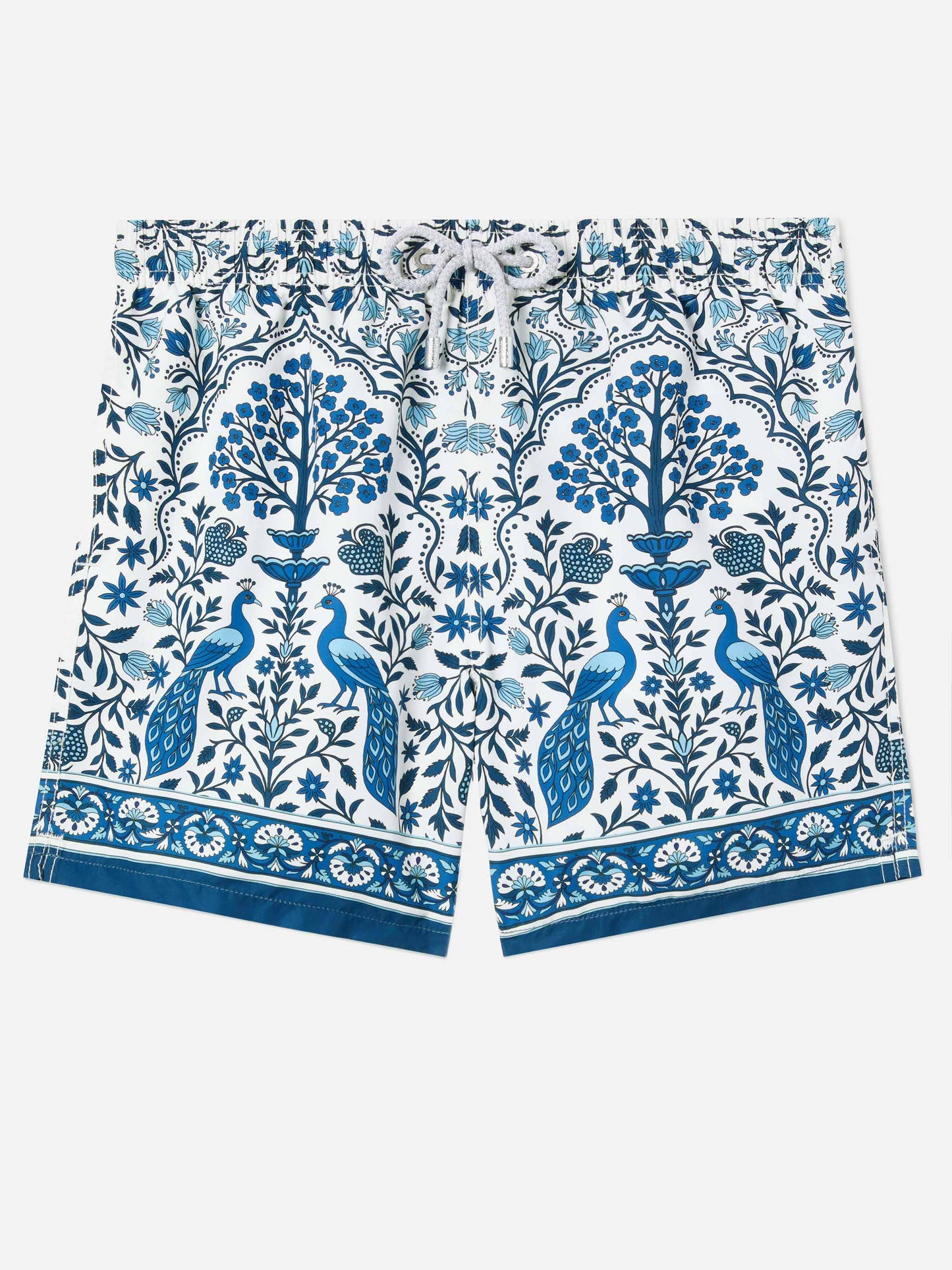 Gustavia white swim shorts with contrasting peacock print