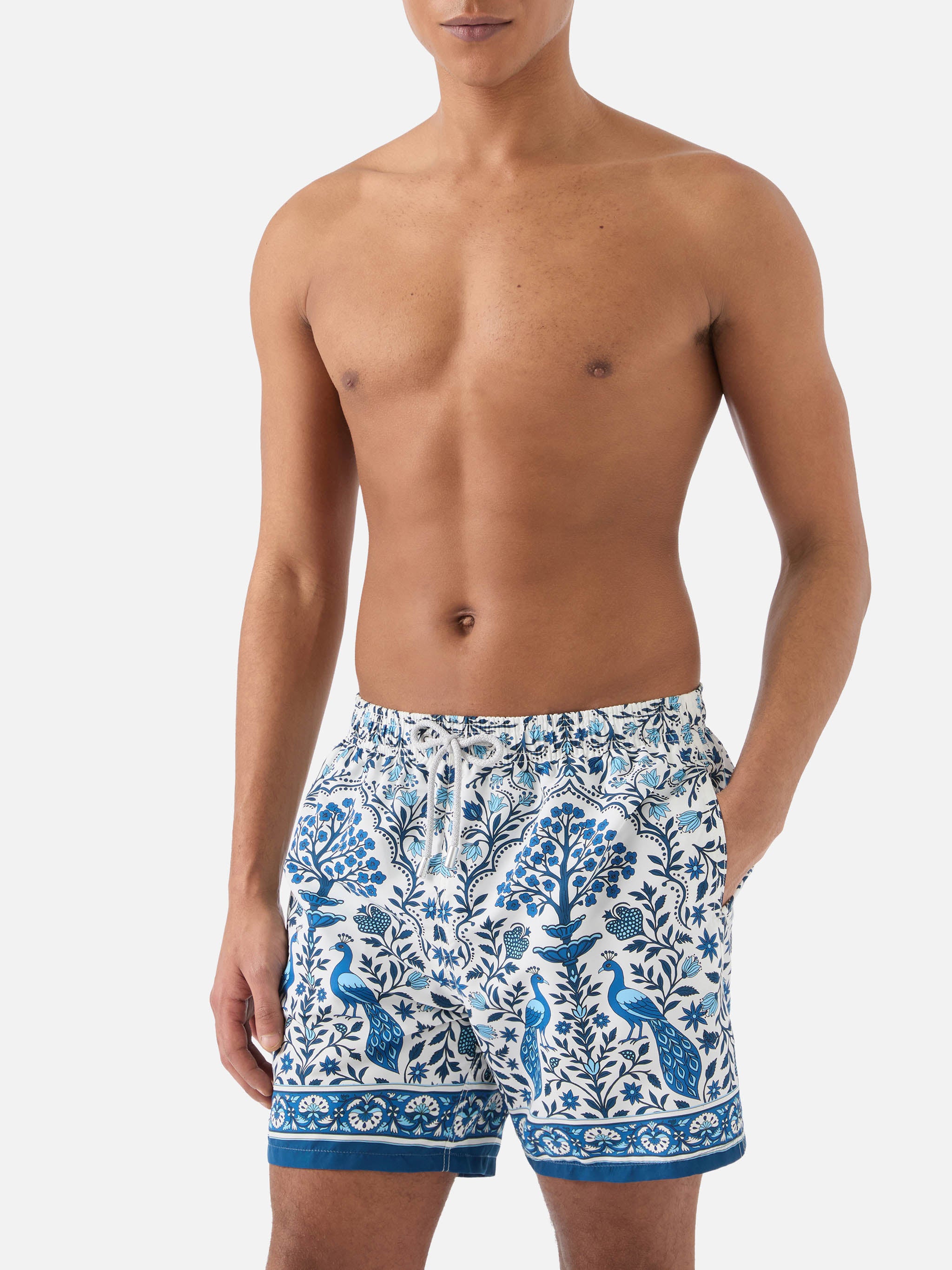 Gustavia white swim shorts with contrasting peacock print – MC2