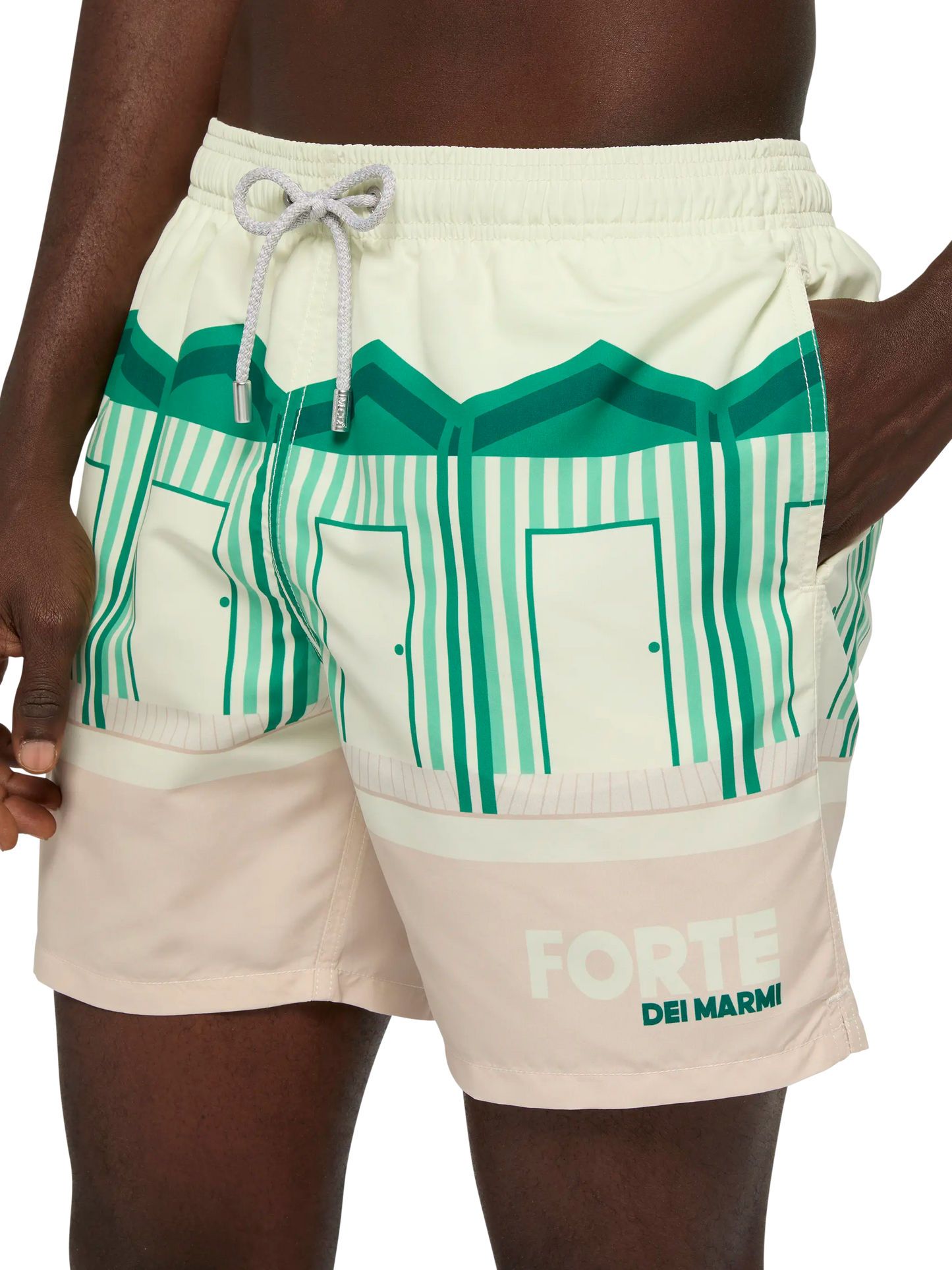 Mid-length Gustavia swim-shorts with Forte dei Marmi postcard placed print