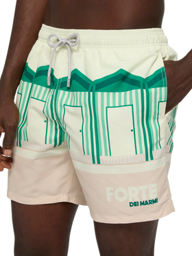 Mid-length Gustavia swim-shorts with Forte dei Marmi postcard placed print