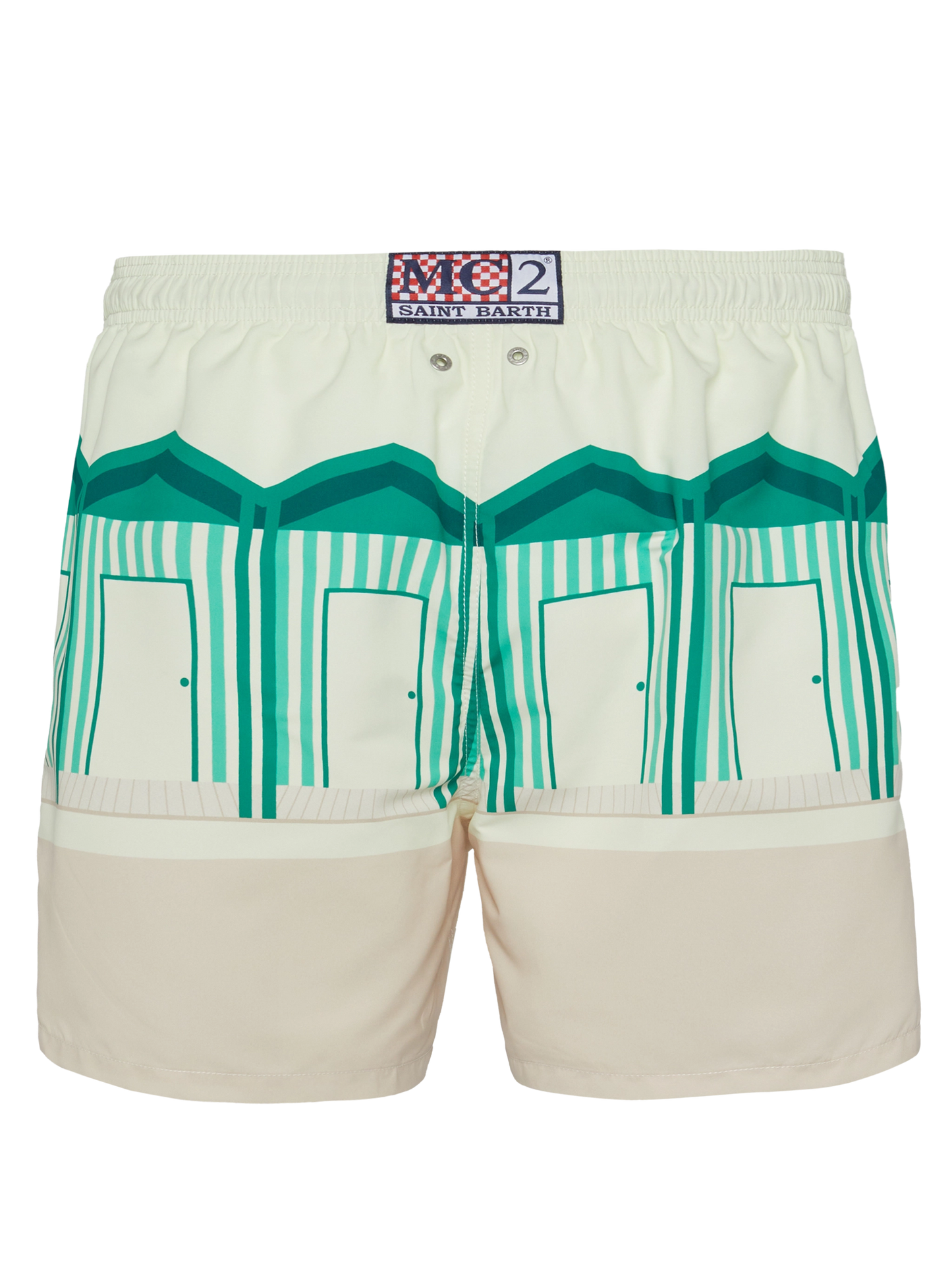 Mid-length Gustavia swim-shorts with Forte dei Marmi postcard placed print