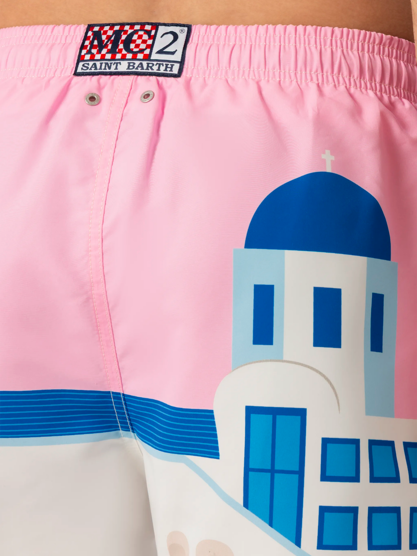 Costume mare lunghezza media Gustavia con stampa cartolina Mykonos