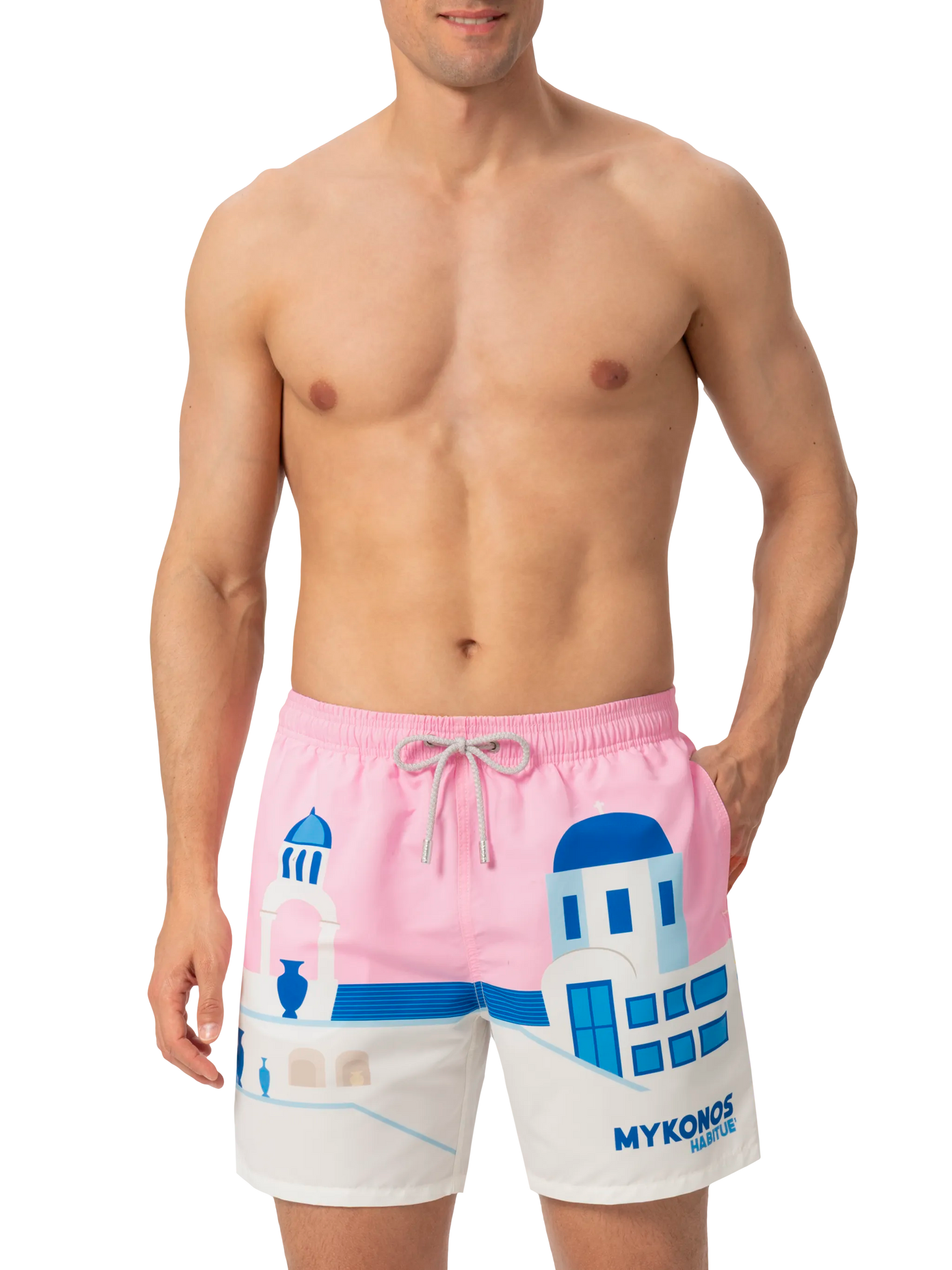 Costume mare lunghezza media Gustavia con stampa cartolina Mykonos