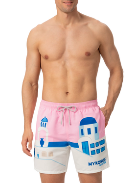 Costume mare lunghezza media Gustavia con stampa cartolina Mykonos
