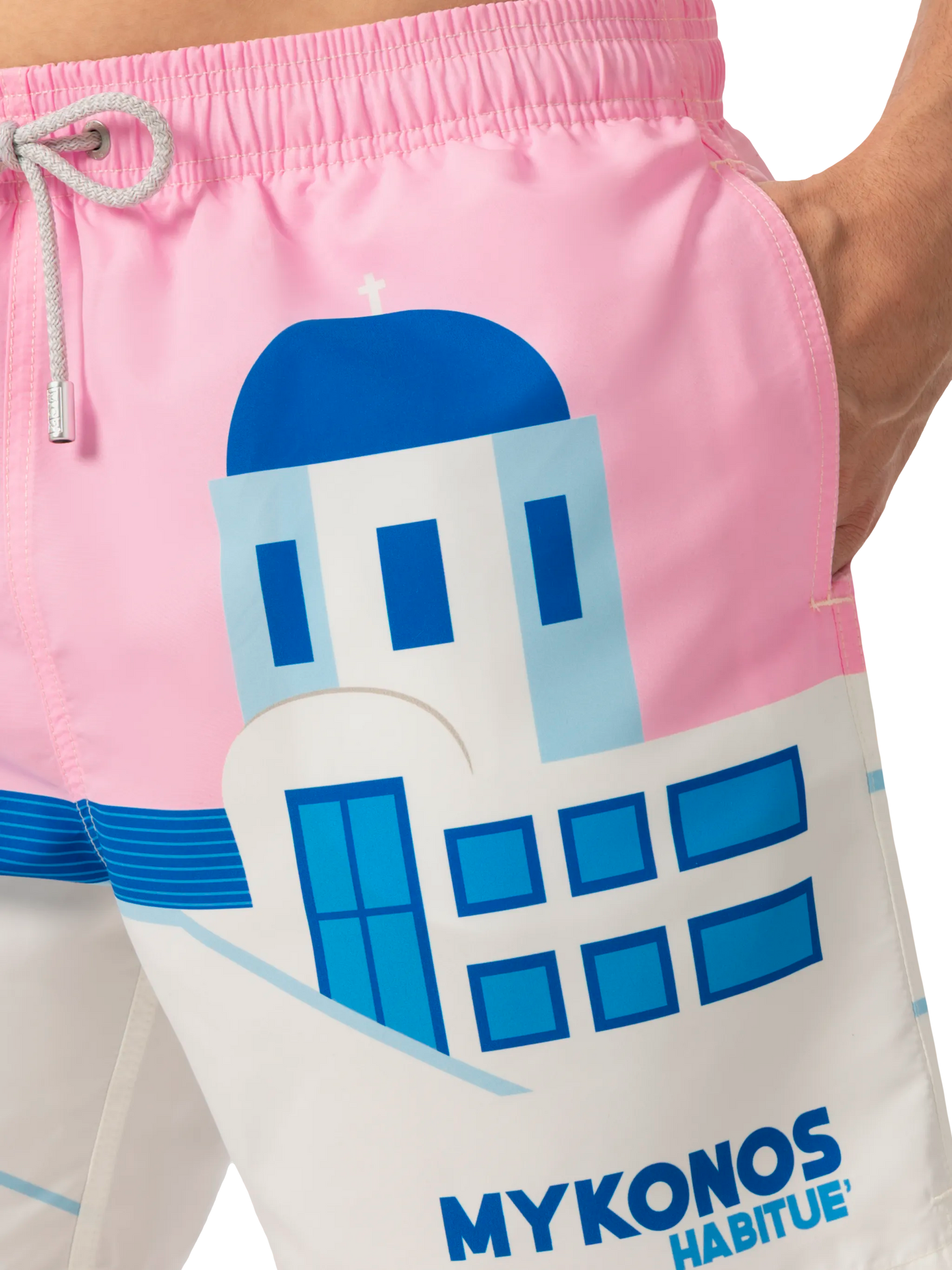 Costume mare lunghezza media Gustavia con stampa cartolina Mykonos