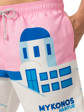 Costume mare lunghezza media Gustavia con stampa cartolina Mykonos