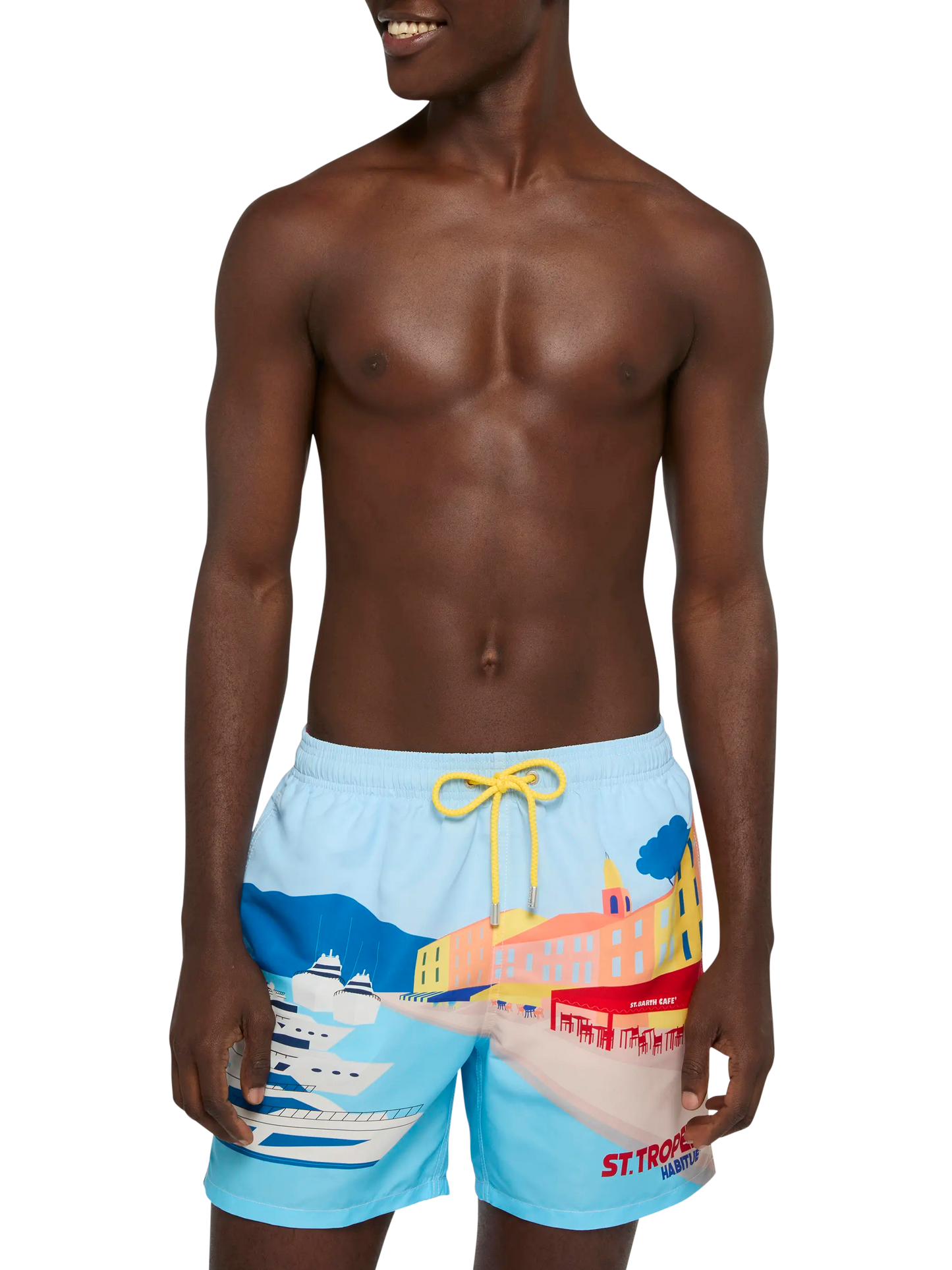 Mid-length Gustavia swim-shorts with St. Tropez postcard placed print
