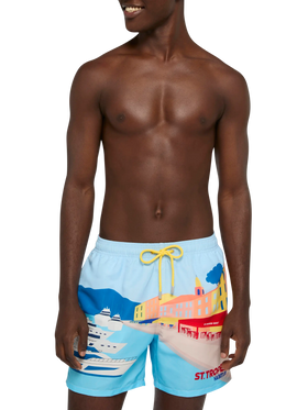 Mid-length Gustavia swim-shorts with St. Tropez postcard placed print