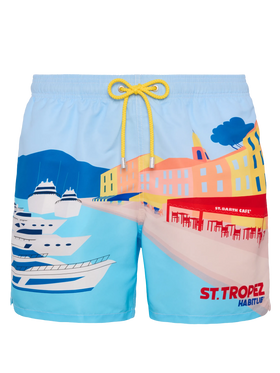 Costume mare lunghezza media Gustavia con stampa cartolina St. Tropez