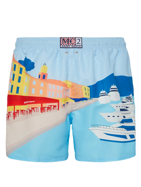 Costume mare lunghezza media Gustavia con stampa cartolina St. Tropez