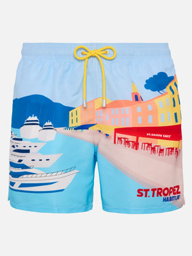 Mid-length Gustavia swim-shorts with St. Tropez postcard placed print