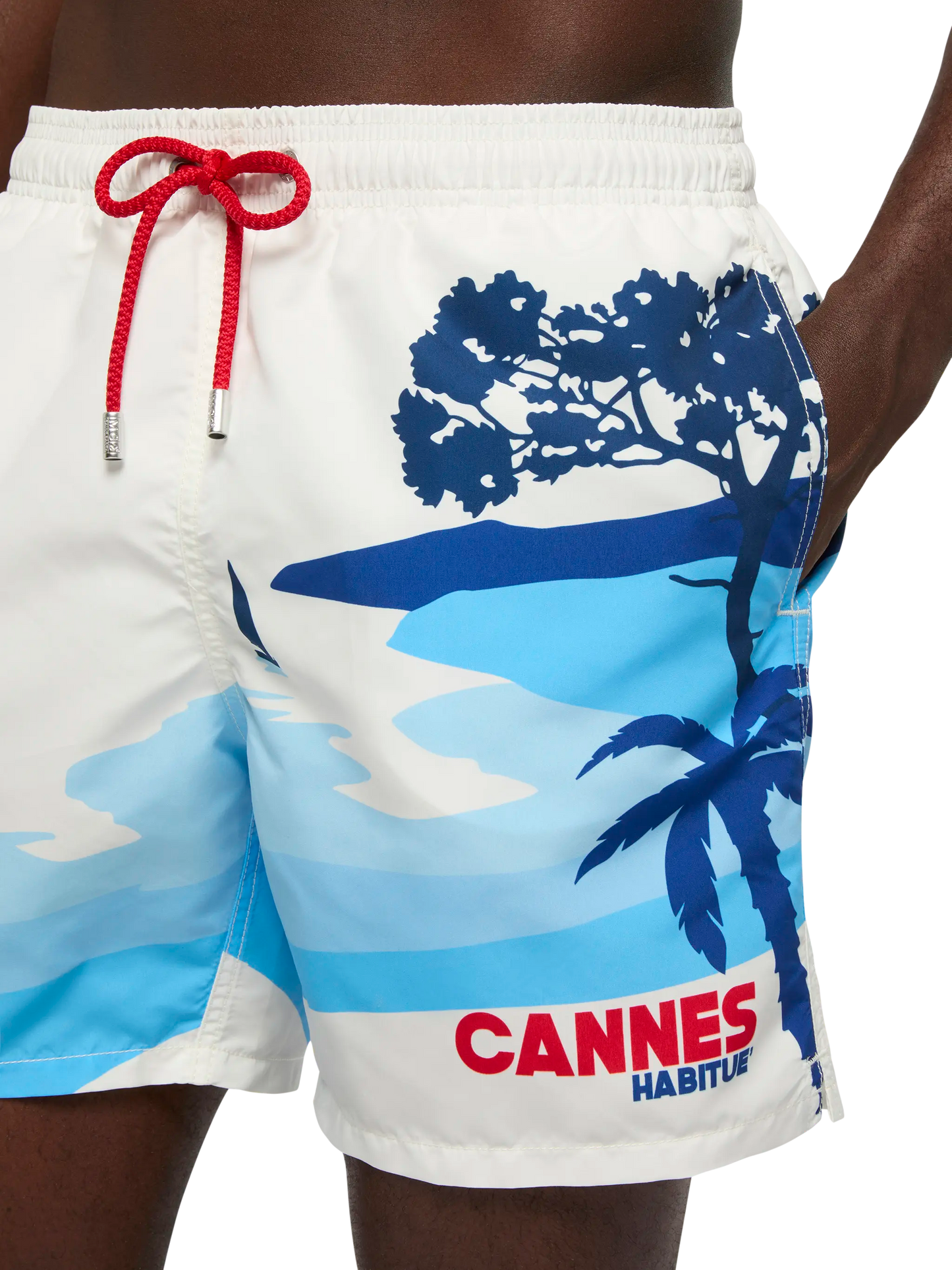Mid-length Gustavia swim-shorts with Cannes postcard placed print